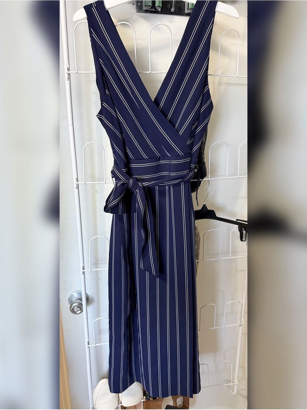 ANTONIO MELANI Navy and White Striped Wrap Dress